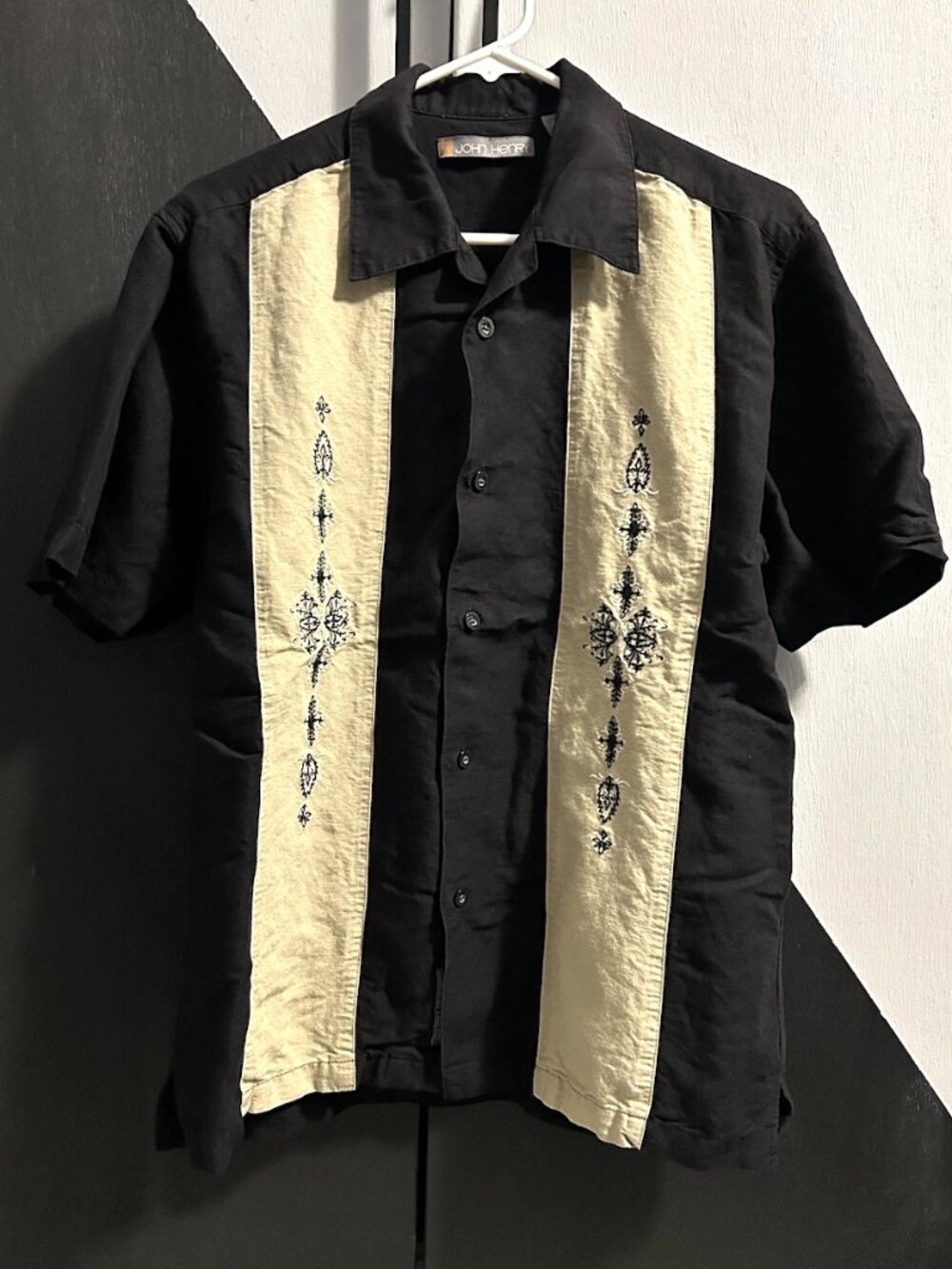 John Henry Linen Blend Cuban Button Down SS Camp Shirt Embroidered Men's Size S